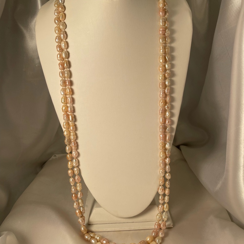 2 Natural apricot and peach color Vintage Biwa pearl long necklaces